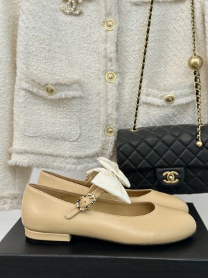 Chanel Mary Jane With Bow Lambskin Flats Beige 2024 