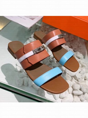 Hermes Calfskin Avenue Sandal Brown/Blue/White 2020 Collection
