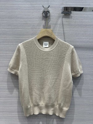 Hermes Round neck cotton and cashmere blend top Beige