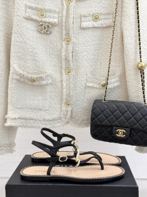 Chanel Lambskin CC Thong Sandals Black 2025 