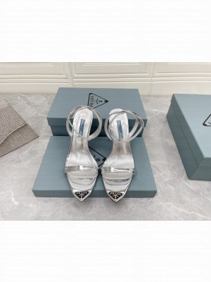 Prada Calfskin Sandals 9cm with Metal Logo Silver 2022 Collection