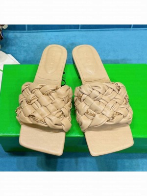 Bottega Veneta Leather Chain Woven Flat Slide Sandals Beige  2021 Collection