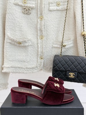 Chanel Velvet Heel Slides Sandal 5cm with Foldover G45474 Burgundy 2025