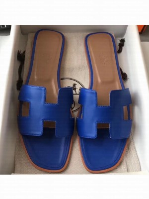 Hermes Oran Flat Slipper Sandals in Swift Box Calfskin Blue/Coffee
