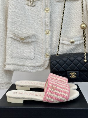 Chanel Knitted CC Flat Slide Pink/Beige