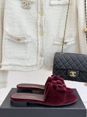 Chanel Velvet Flat Slides Sandal with Camellia Burgundy 2025 