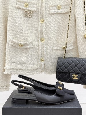 Chanel Camellia Bowknot Slingback Flat Sandals Black 2025 