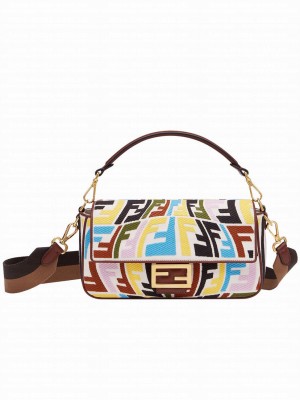 Fendi Baguette Multicolor Embroidered Canvas Bag 8BR600 Coffee