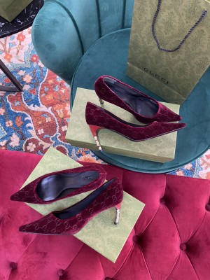 Gucci Women's Velvet 55/75mm bamboo Heel Pump Burgandy 2021 Collection
