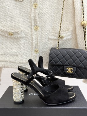 Chanel Sandals Suede Kidskin, Imitation Pearls, Strass & Metal Black G46097 heel 8.5cm 2025