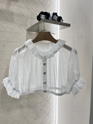 Chanel Short Ruffled Sheer Blouse with Cinched Waist white