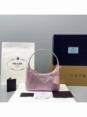 Prada Crystal Hobo Bag 22cm 6641 Nylon Leather Cruise 2021 Collection, Pink