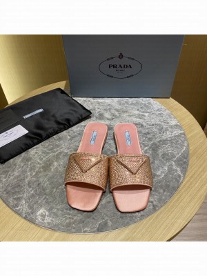 Prada Satin Flat slides sandals With Cryscals 2022 Collection，Pink