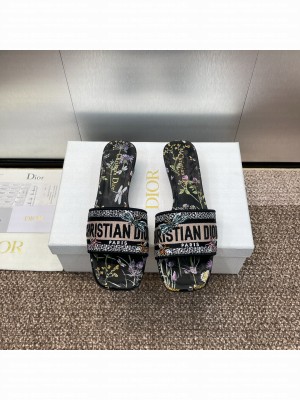 Christian Dior Dway Heeled Slide Black Cotton Embroidered 