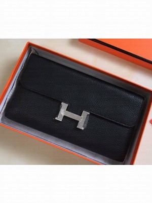 Hermes Epsom Calfskin Constance Long Wallet Clutch Bag Black