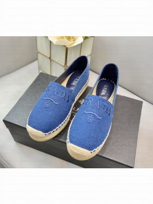 Prada Linen Logo Embroidered Espadrilles Flats 2022 Collection,Blue