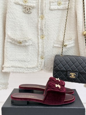 Chanel Velvet Flat Slides Sandal with Foldover G45474 Burgundy 2025