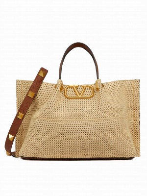 Valentino Medium Shopping Bag In Synthetic Raffia Coffee