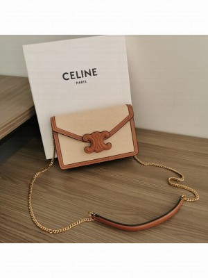 Celine WALLET ON CHAIN MARGO IN TEXTILE AND CALFSKIN 10J733 NATURAL & TAN
