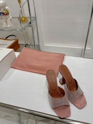 Amina Muaddi Caroline Crystal 9.5cm Slide Satin Open pointed toe Mule Sandal Pink