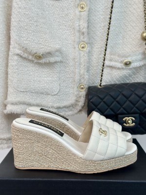 Chanel Quilted Lambskin Wedge Slides Sandal 8cm White 2024 