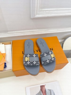 Louis Vuitton Lock It Flat Slide Sandals in Monogram Canvas 2023 Gray