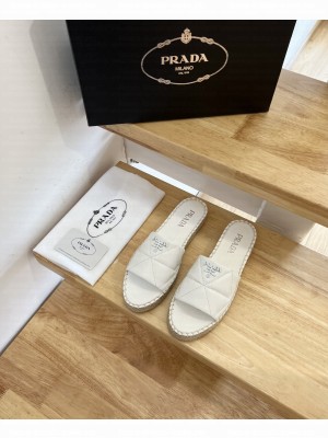 Prada Nappa Leather Espadrille Slides White