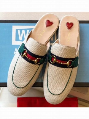 Gucci Women's Princetown Horsebit Slipper Web Canvas Beige/Green