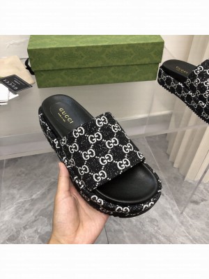 Gucci Women's Black Denim platform slide sandal 2022 Collection 