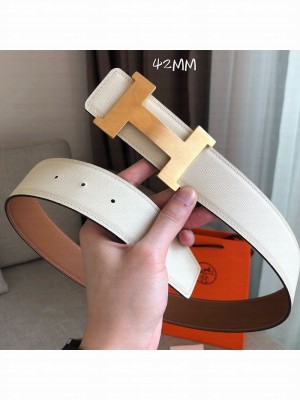 Hermes Constance Reversible Leather Buckle Belt 42mm Khaki/White/Gold 2019 Collection