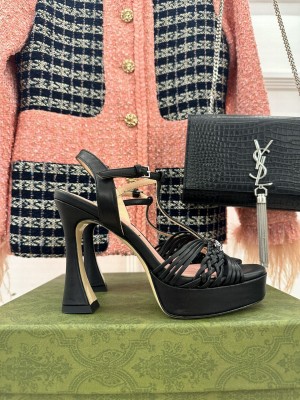 Gucci Lambskin Platform 11cm Heel Sandals with GG Chain 2023 Black