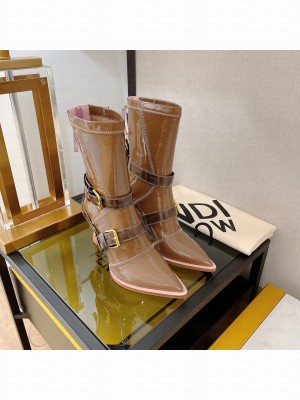 Fendi Women Brown Neoprene Ankle Boots FFrame Pointed-Toe