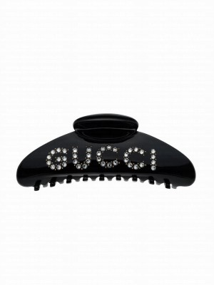 Gucci Women's 'GUCCI' Hair Clip With Crystals Black