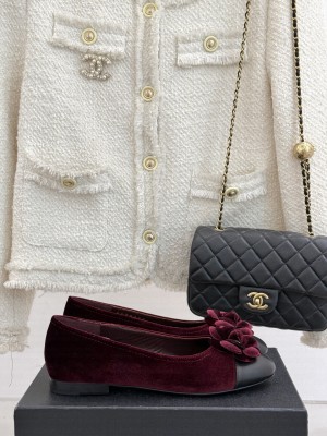 Chanel Velvet Ballet Flats with Camellia Bloom Charm Burgundy 2025