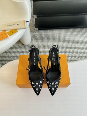 Louis Vuitton Blooming Slingback Pumps 5.5/7.5cm in Satin and Strass Black 