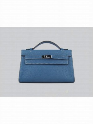HERMES KELLY 22 CALFSKIN LEATHER CLUTCH BAG IN MEDIUM BLUE 