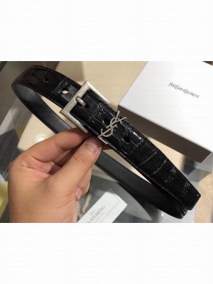 Saint Laurent Width 3cm Monogramme Belt With Square Buckle In Crocodile Embossed Leather Glossy Black/Silver