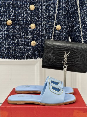 Valentino Garavani VLogo cut-out slide sandal in calfskin leather blue