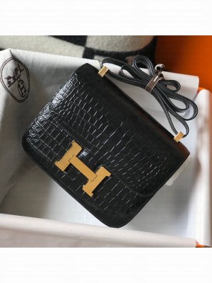 Hermes Constance 18/23cm in Crocodile Embossed Calf Leather Black/Gold 2019 (Half Handmade) Collection