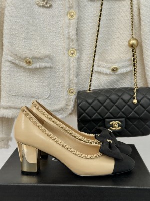 Chanel Women's 6.5cm Metal Heel Chain Around And Bow Lambskin Leather Pumps Beige