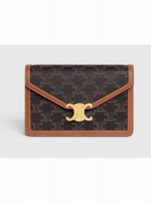 Celine WALLET ON CHAIN MARGO IN TRIOMPHE CANVAS AND CALFSKIN 10L033 TAN