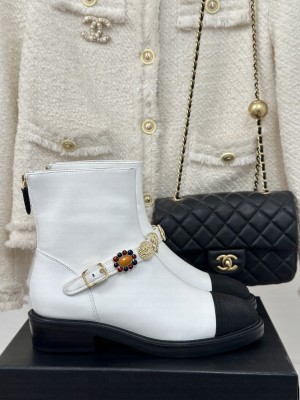 Chanel Lambskin, Grosgrain Ankle Boots with Charm Strap White 2024 