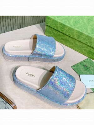 Gucci Sequins Platform Slide Sandal 573018 Light Blue 2021 Collection