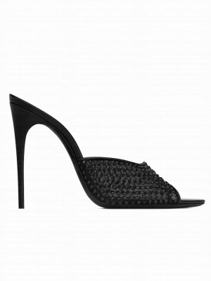 Saint Laurent Women's Blonde Mules In Rhinestones Mesh Black