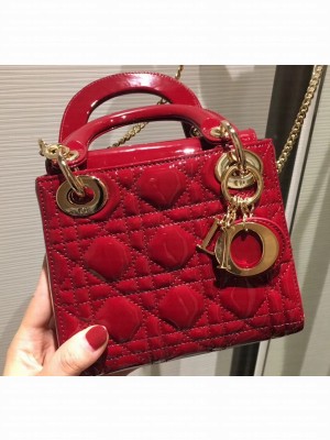 Lady Dior Mini Bag in Cannage with Chain Patent Red