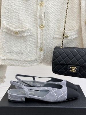 Chanel Slingback 7cm Suede Goatskin & Grosgrain Flat Grey G31319 2025