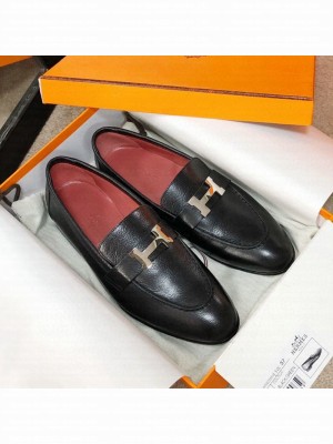 Hermes Paris Lambskin Flat Loafers Black/Red 2020 Collection