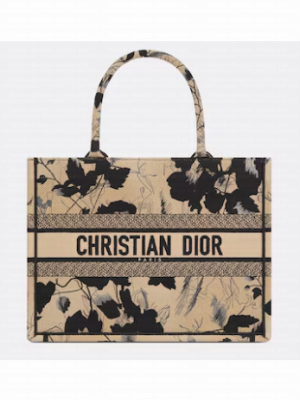 Medium Dior Book Tote Beige and Black Fleurs Mystiques Embroidery M1296ZE