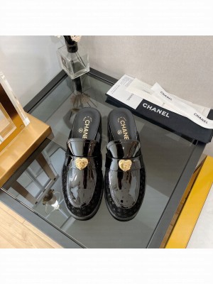 Chanel Patent Leather and CC Suede Mules with Love Charm Black