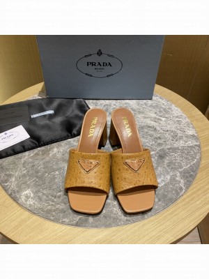 Prada 6.5cm ostrich skin slides sandals Mule2022 Collection Brown